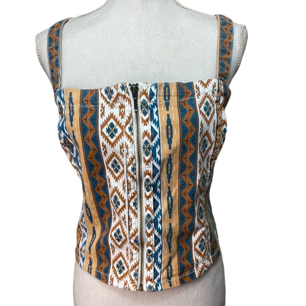 Shyanne Women's Sz XXL Blue and Tan Aztec Square Neck Front Zip Halter Top